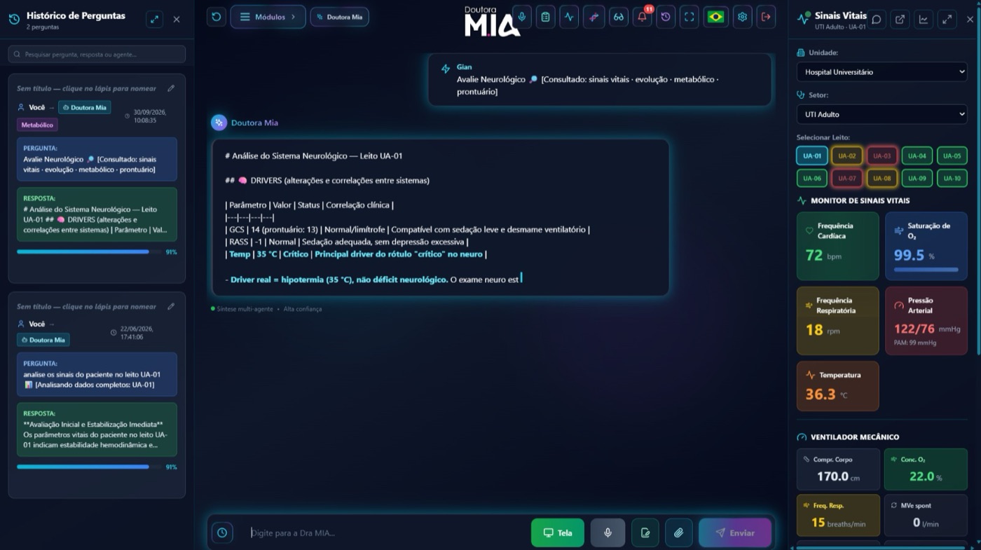 Conversa com a Dra. Mia ao lado do monitor de sinais vitais